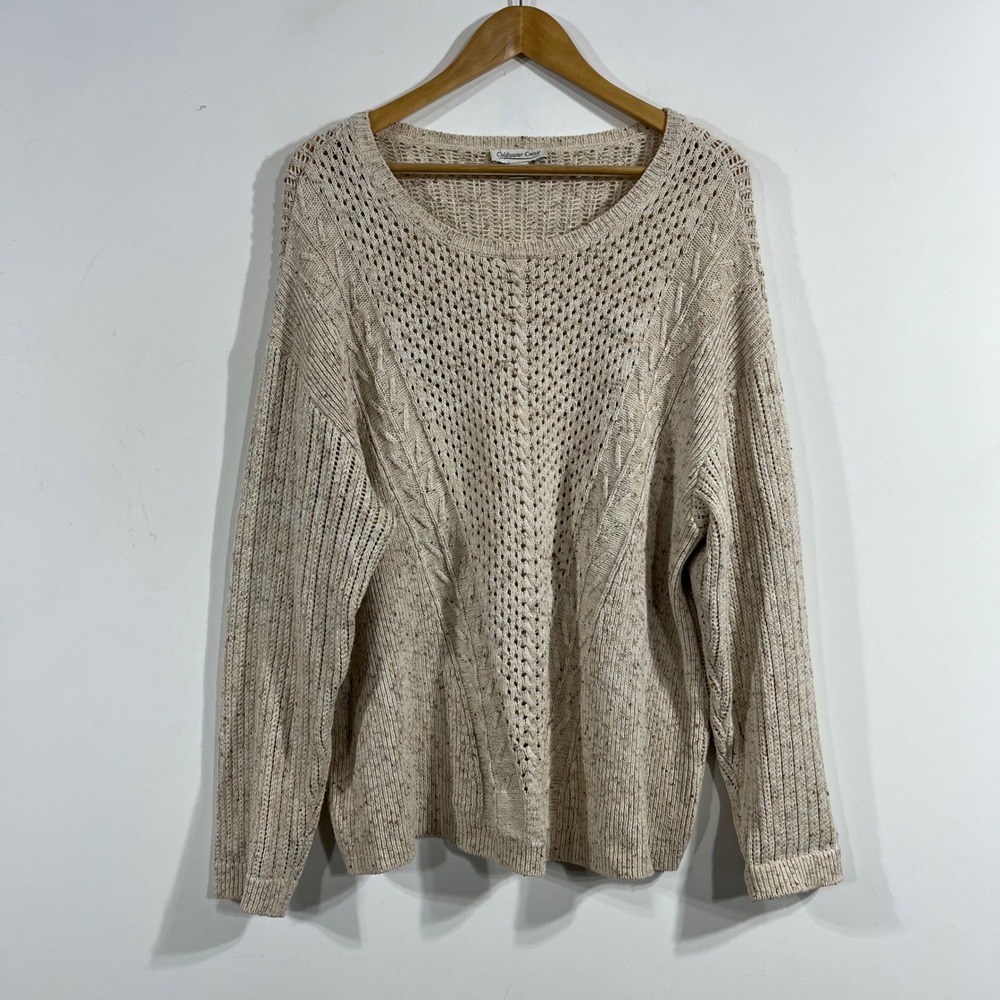 Coldwater Creek Parisian Cable Open Knit Pointelle Sweater XL Cotton Minimalist